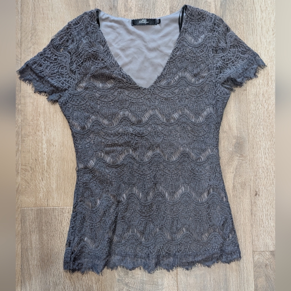 BKE Boutique Lace V-Neck Blouse - Charcoal